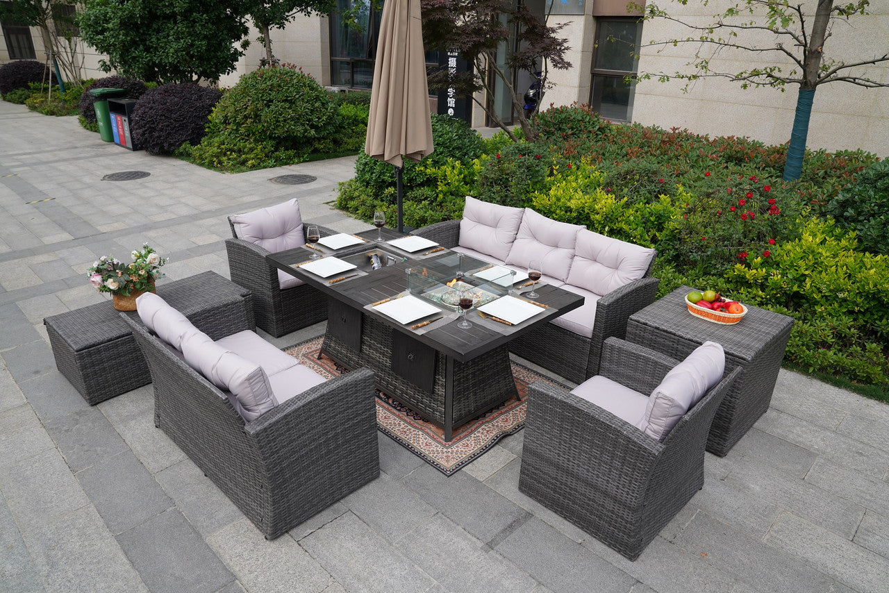 Direct Wicker Outdoor Patio Furniture Set with Rectangular Fire Pit Fire & Ice Aluminum Tabletop