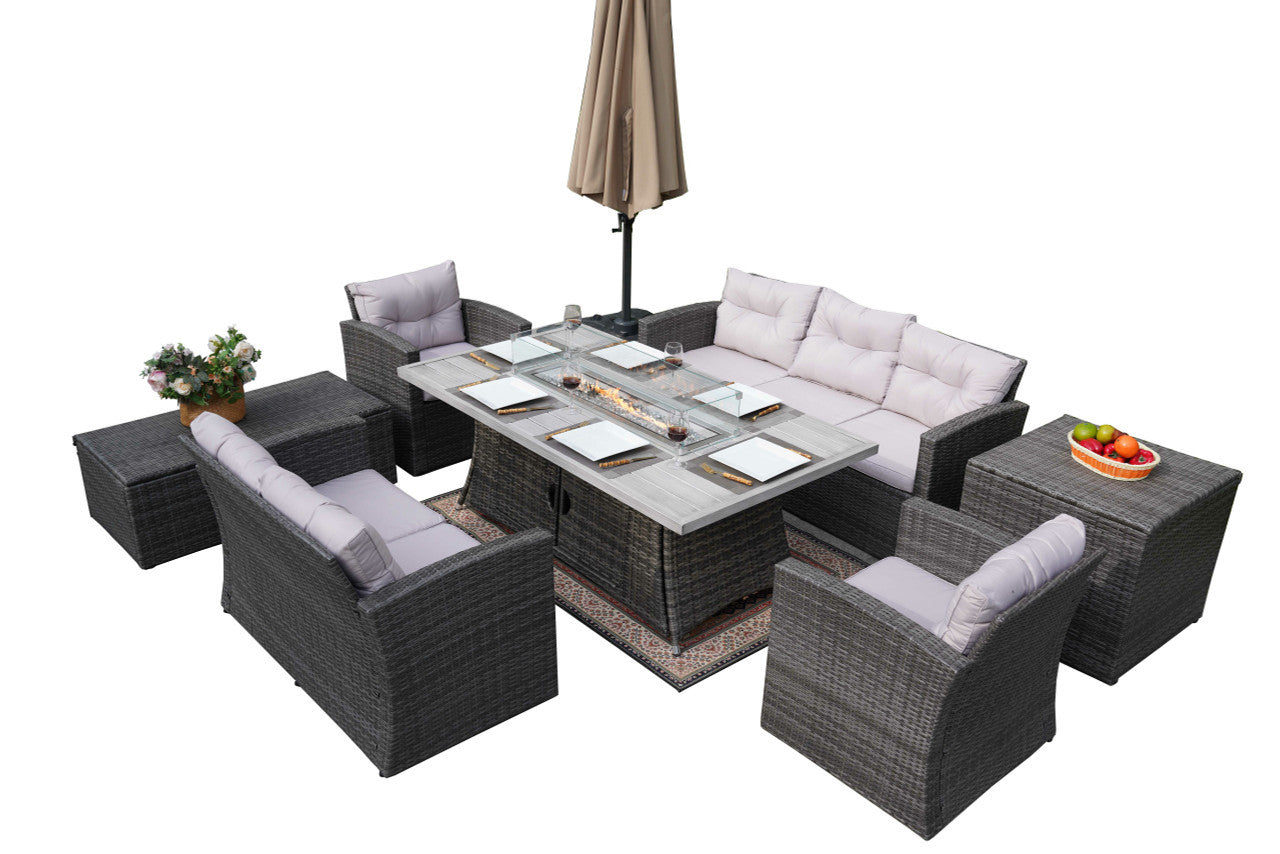 Direct Wicker Direct Wicker's Outdoor Patio Furniture Set with Rectangular Fire Pit Table in Elegant Brown or Chic Gray