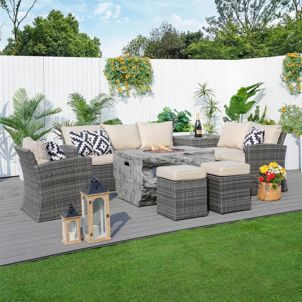 Direct Wicker's Patio Seating Sofa Set with Grain Fire Pit Table for Ultimate Comfort and Style