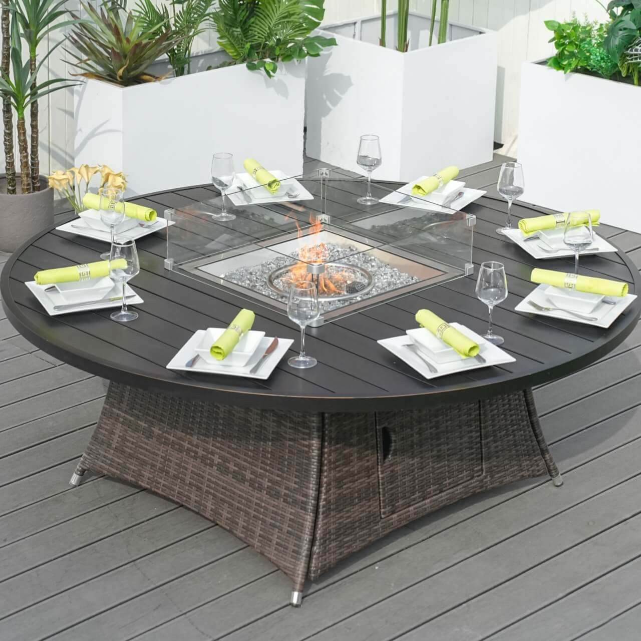 Direct Wicker's 8 Seats Round Fire Pit Set with Aluminium Tabletop & Rattan Chairs PAG-1108A