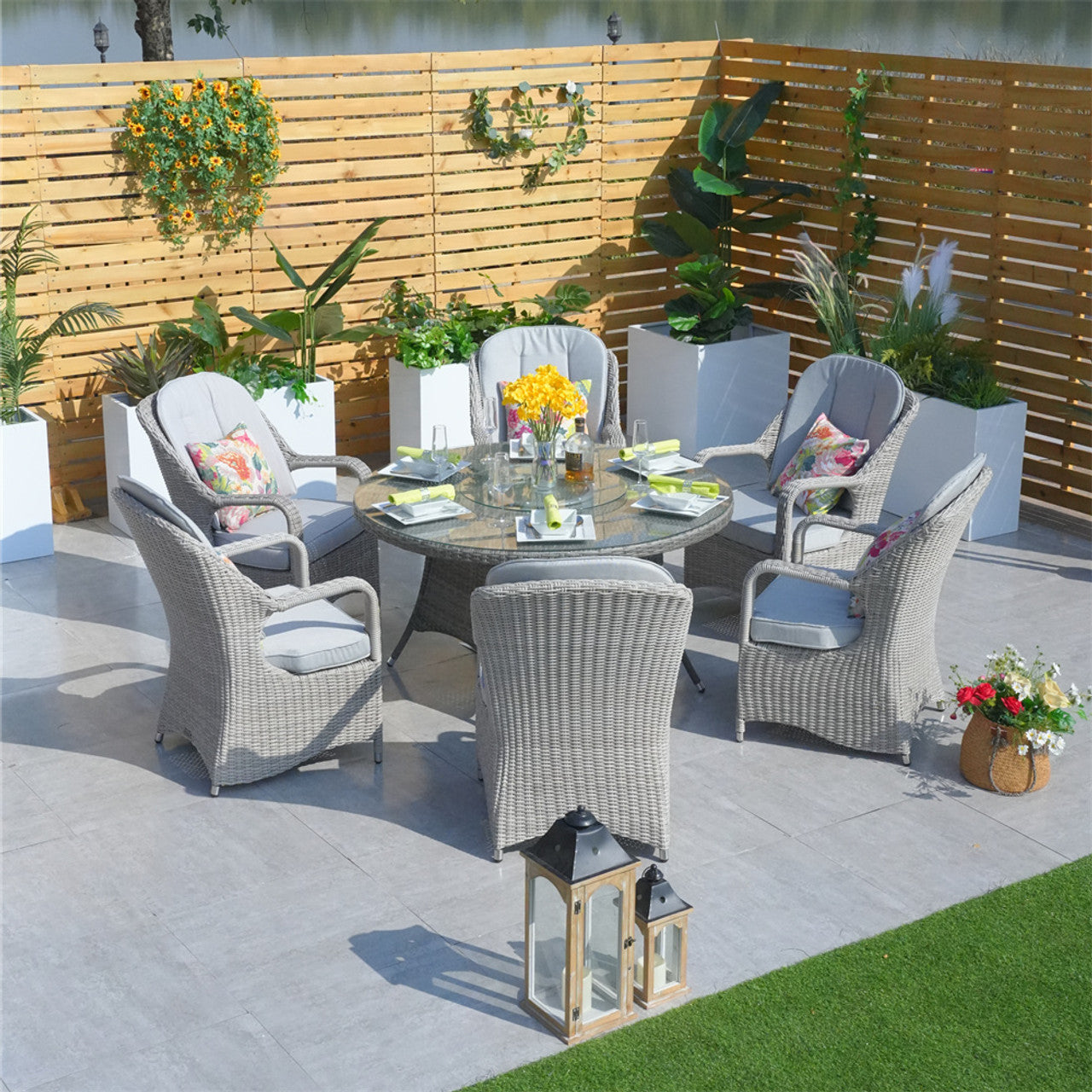 Direct Wicker Patio Wicker Dining Set with Round Table and Semi-circular Rattan Chairs