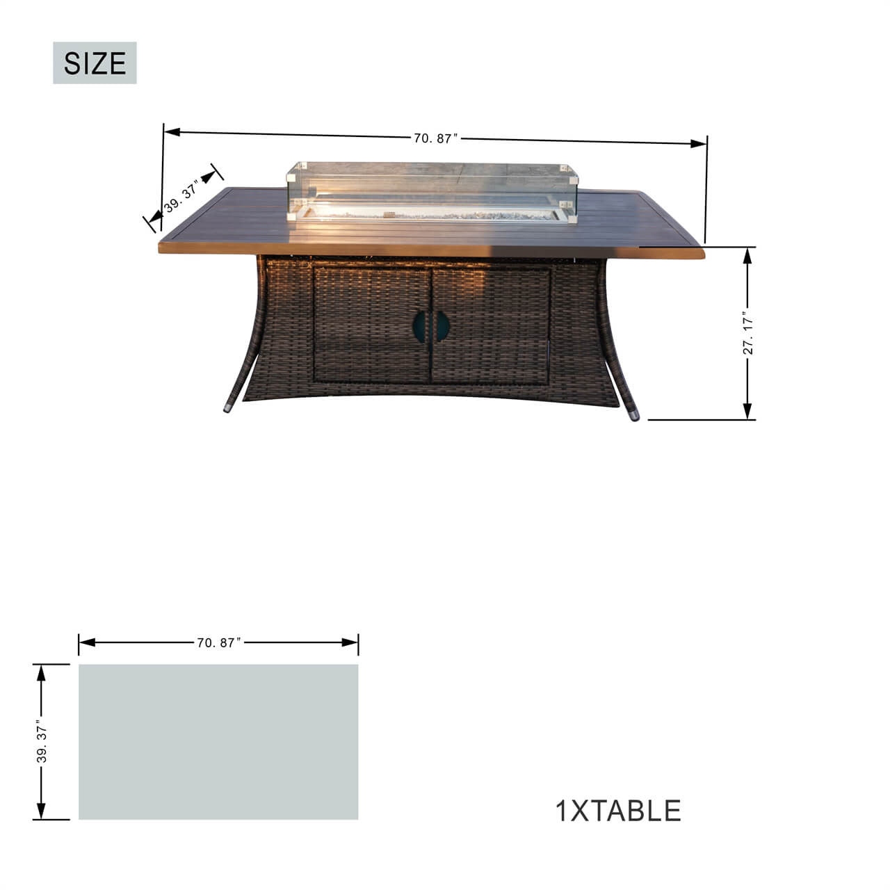 6 Seats Rectangular Fire Pit Table with Aluminum Top  Direct Wicker