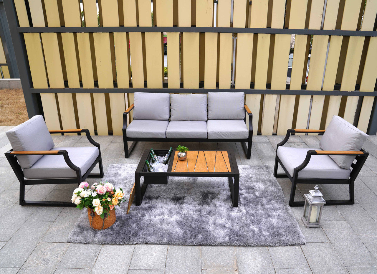 Direct Wicker Outdoor Black Iron Conversational Sofa Set with Gray Cushions and Drink Cooler