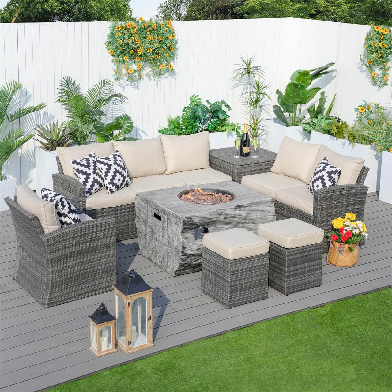 Direct Wicker's Patio Seating Sofa Set with Grain Fire Pit Table for Ultimate Comfort and Style