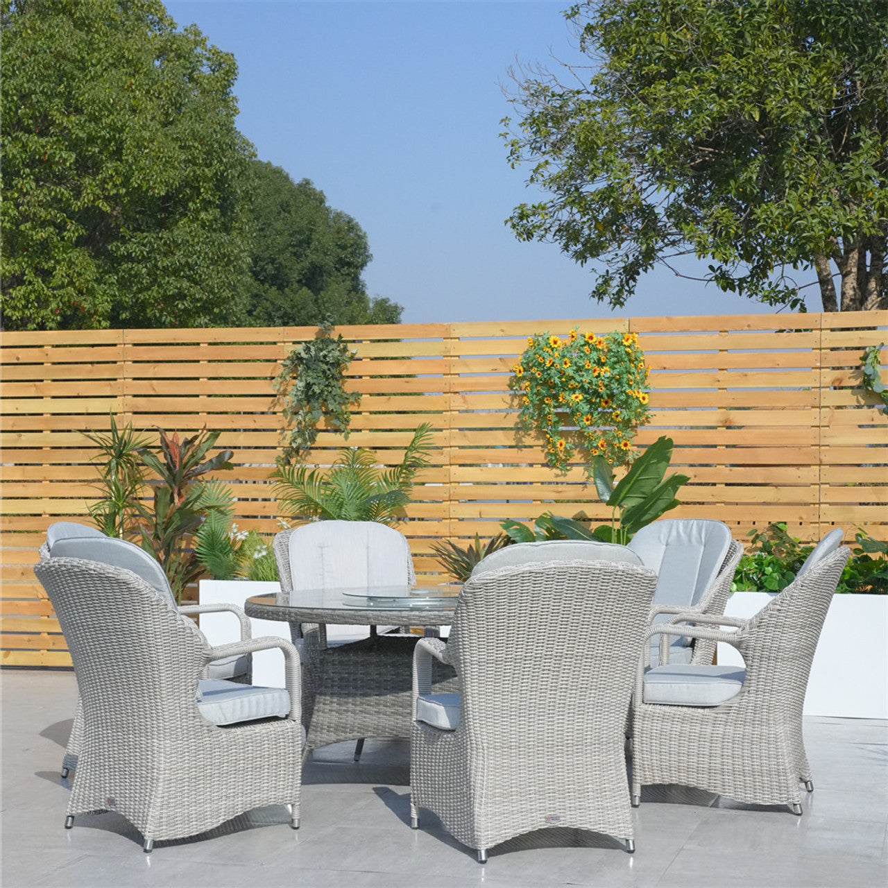 Direct Wicker Patio Wicker Dining Set with Round Table and Semi-circular Rattan Chairs