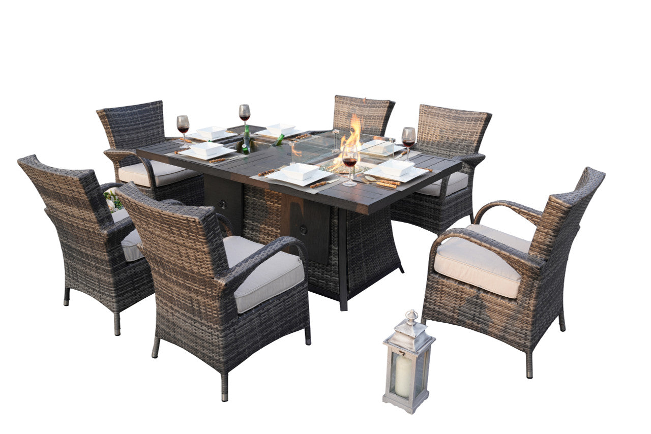 Direct Wicker 6-Seat Patio Gray Firepit and Ice Bucket Dining Table Set with Standard Height Chairs