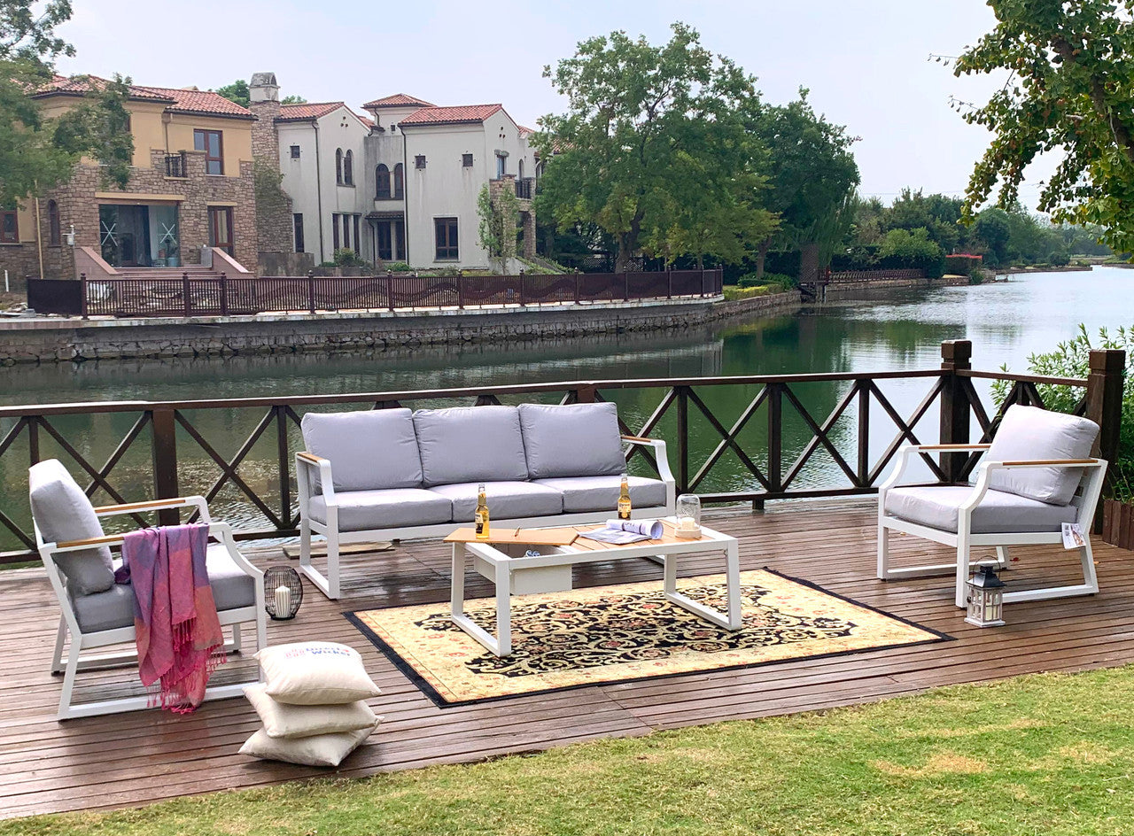 Direct Wicker White Iron Conversational Sofa Set with Drink Cooler Coffee Table