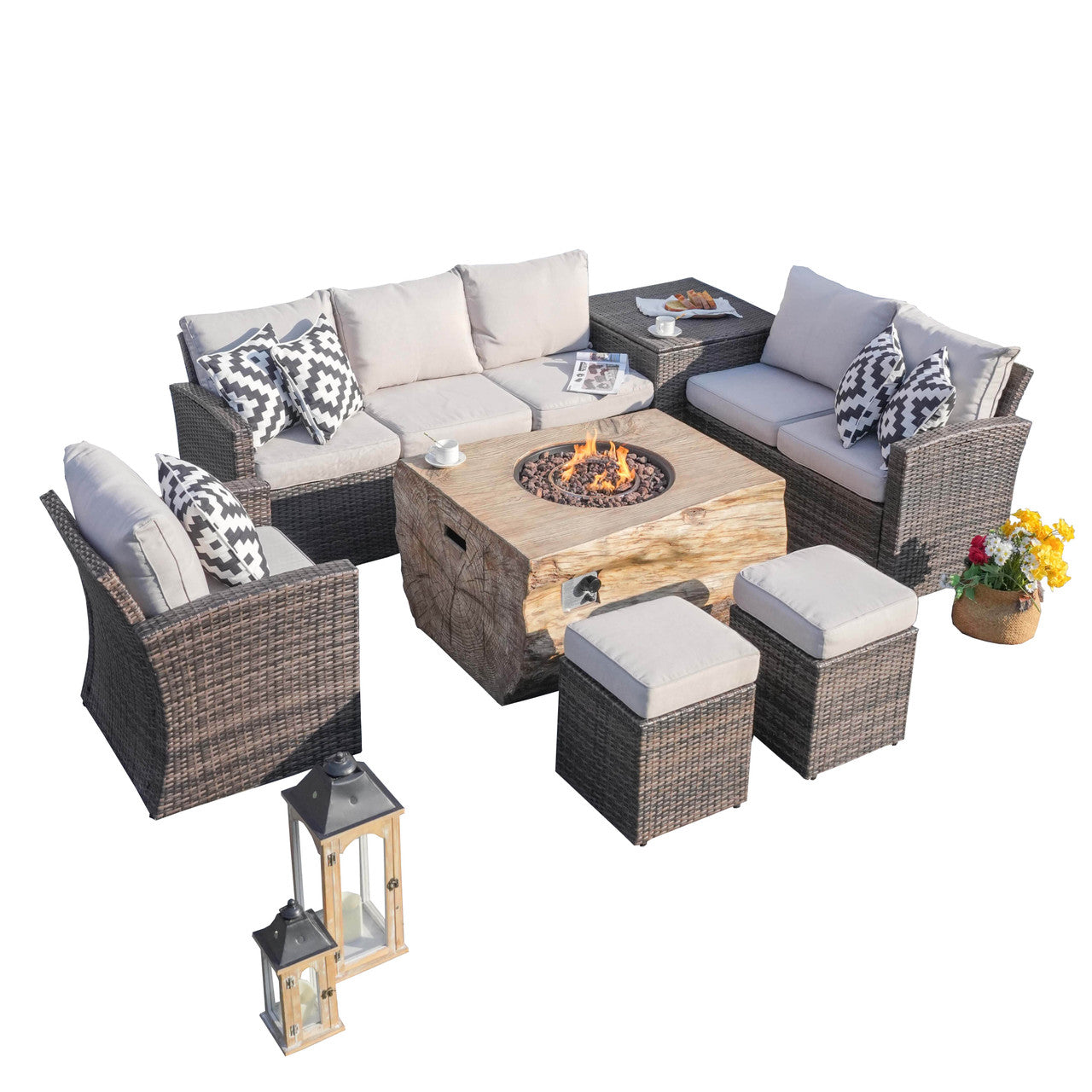 Direct Wicker's Patio Seating Sofa Set with Grain Fire Pit Table for Ultimate Comfort and Style