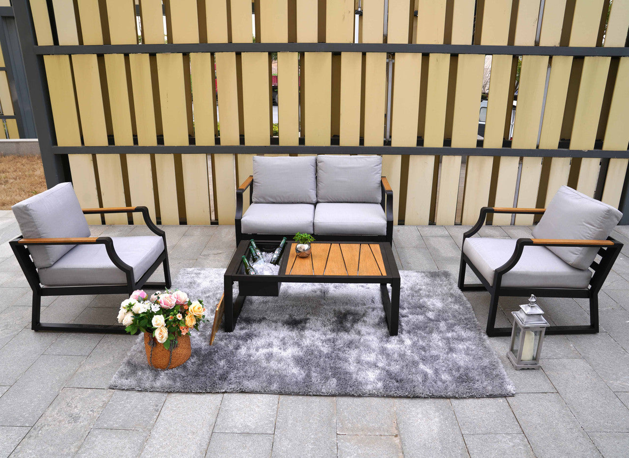 Direct Wicker Outdoor Black Iron Conversational Sofa Set with Gray Cushions and Drink Cooler