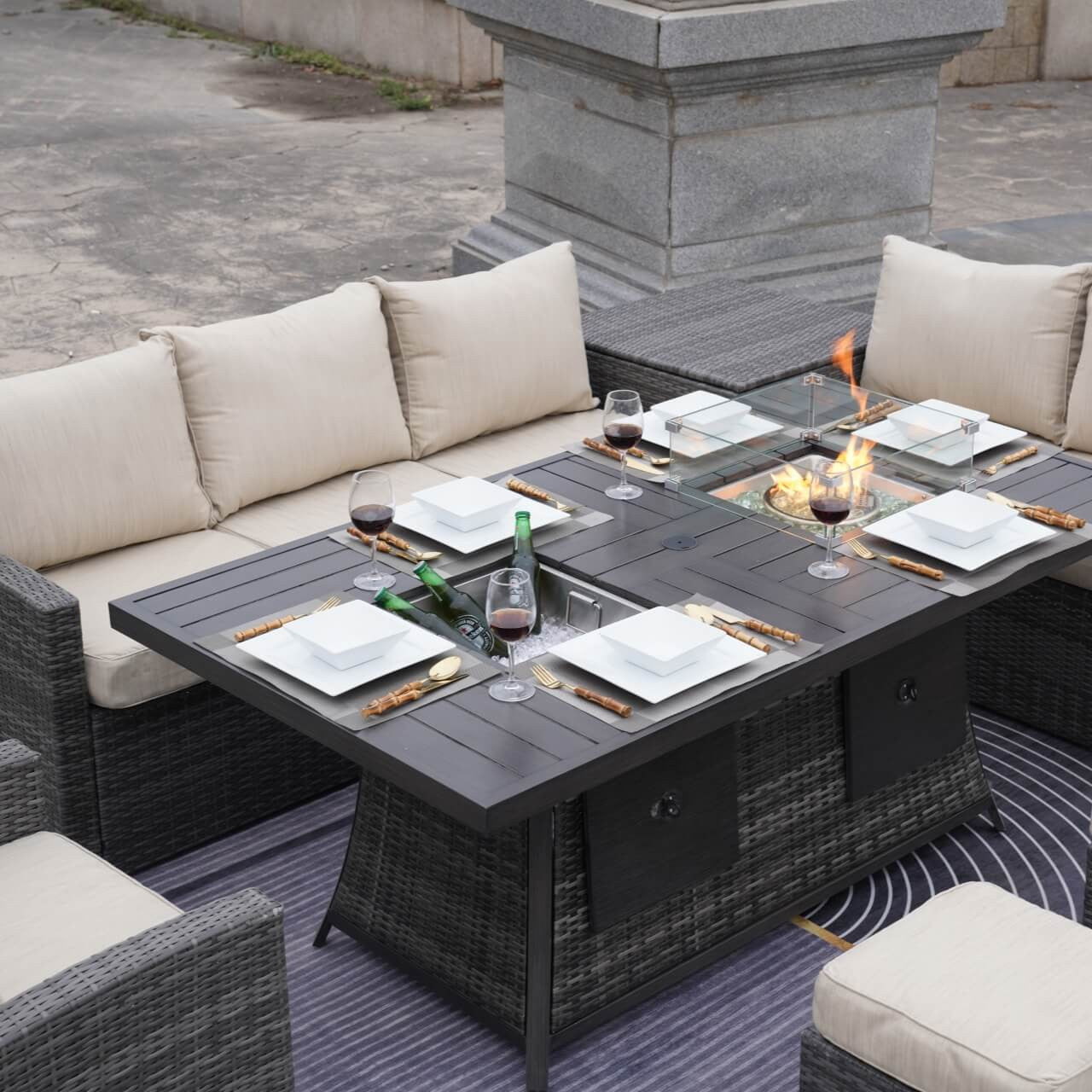 Direct Wicker's 7-Piece Wicker Patio Conversation Sofa Set Fire Pit Table with Ice Bucket PAG-2406BFI