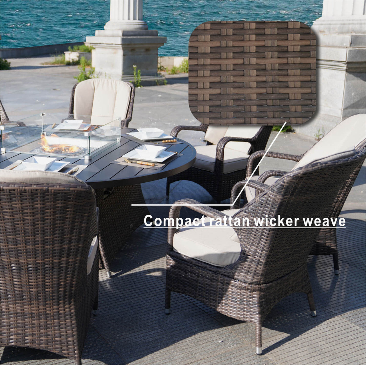 Direct Wicker's 8 Seats Round Fire Pit Set with Aluminium Tabletop & Rattan Chairs PAG-1108A