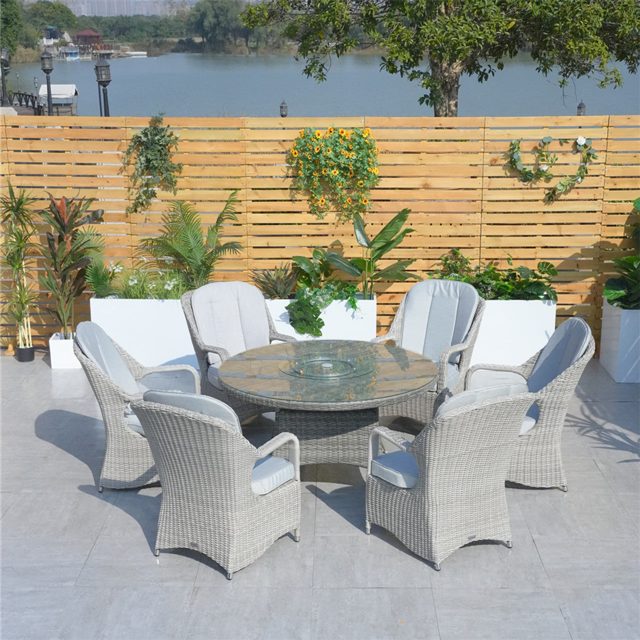 Direct Wicker Patio Wicker Dining Set with Round Table and Semi-circular Rattan Chairs