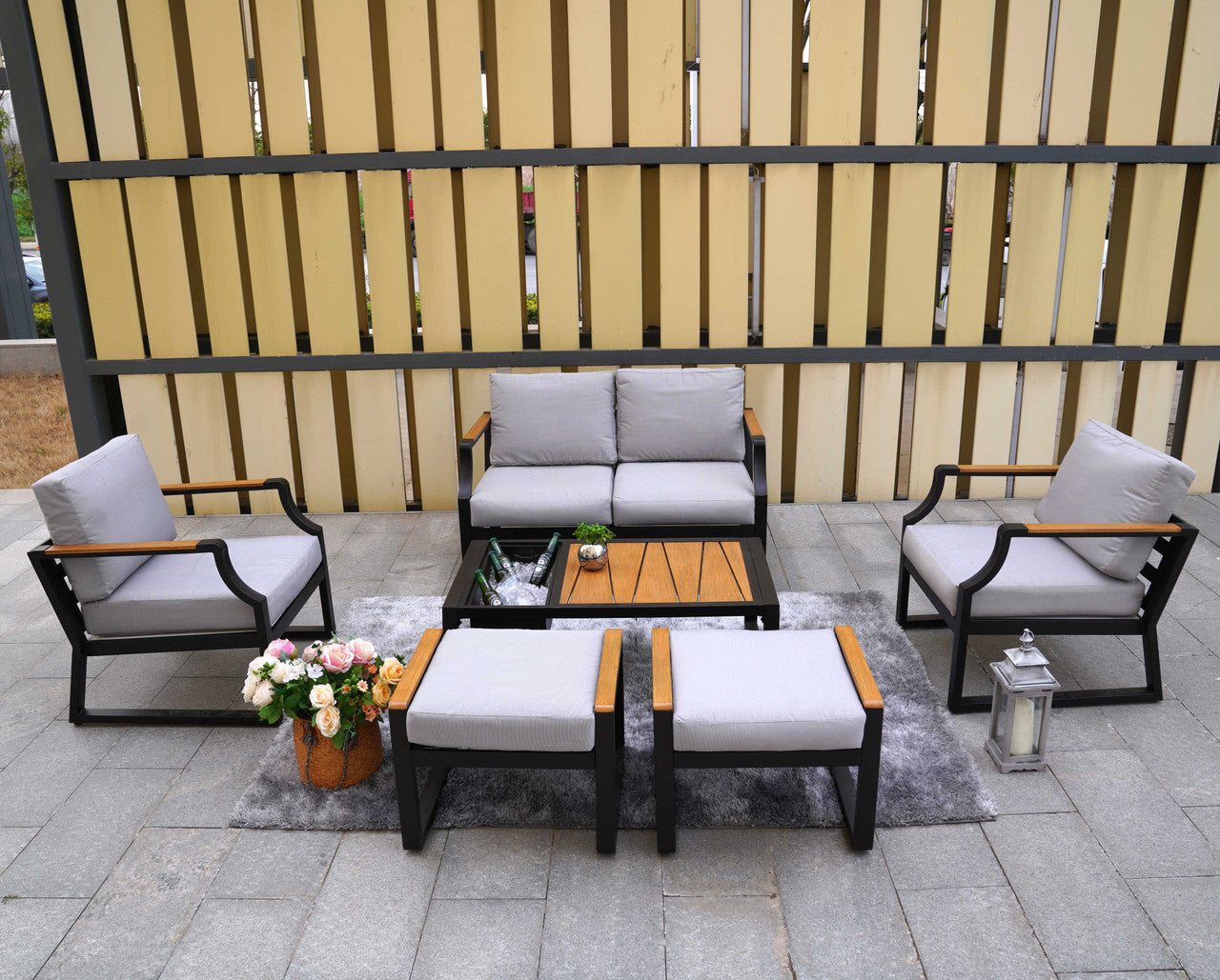 Direct Wicker Outdoor Black Iron Conversational Sofa Set with Gray Cushions and Drink Cooler