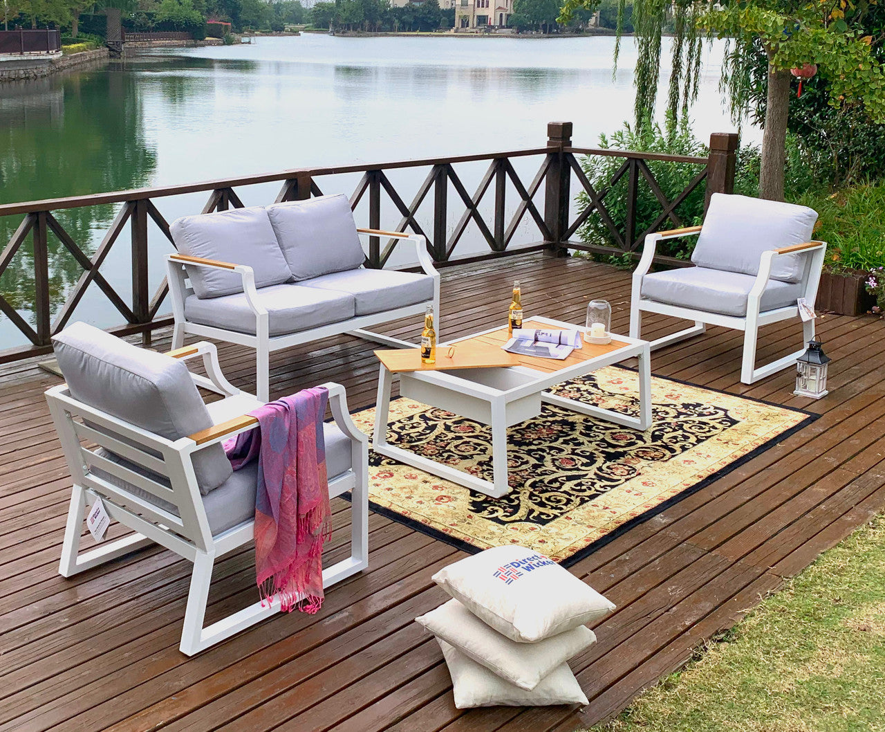 Direct Wicker White Iron Conversational Sofa Set with Drink Cooler Coffee Table