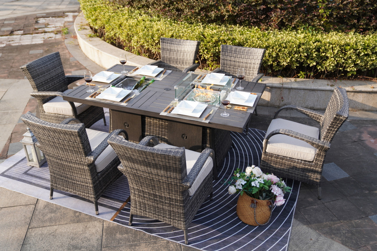 Direct Wicker 6-Seat Patio Gray Firepit and Ice Bucket Dining Table Set with Standard Height Chairs