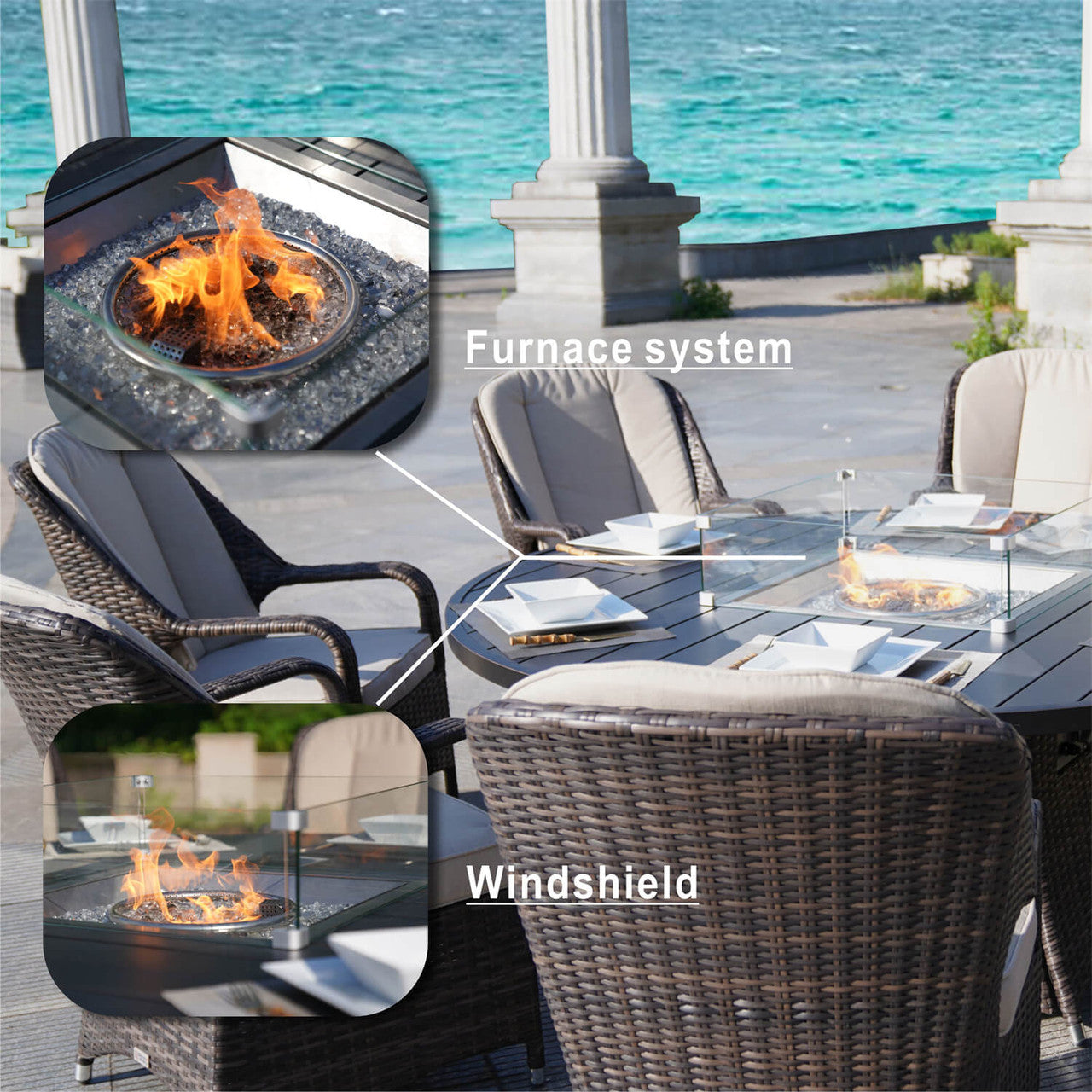 Direct Wicker's 8 Seats Round Fire Pit Set with Aluminium Tabletop & Rattan Chairs PAG-1108A