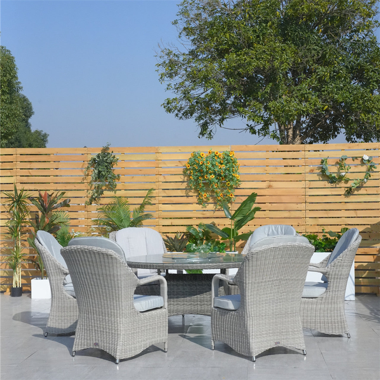 Direct Wicker Patio Wicker Dining Set with Round Table and Semi-circular Rattan Chairs