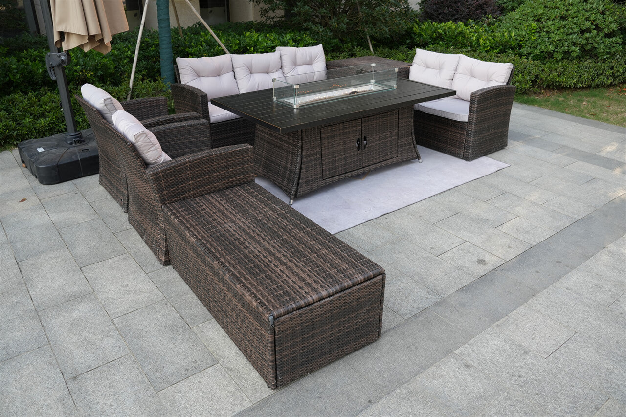 Direct Wicker Direct Wicker's Outdoor Patio Furniture Set with Rectangular Fire Pit Table in Elegant Brown or Chic Gray