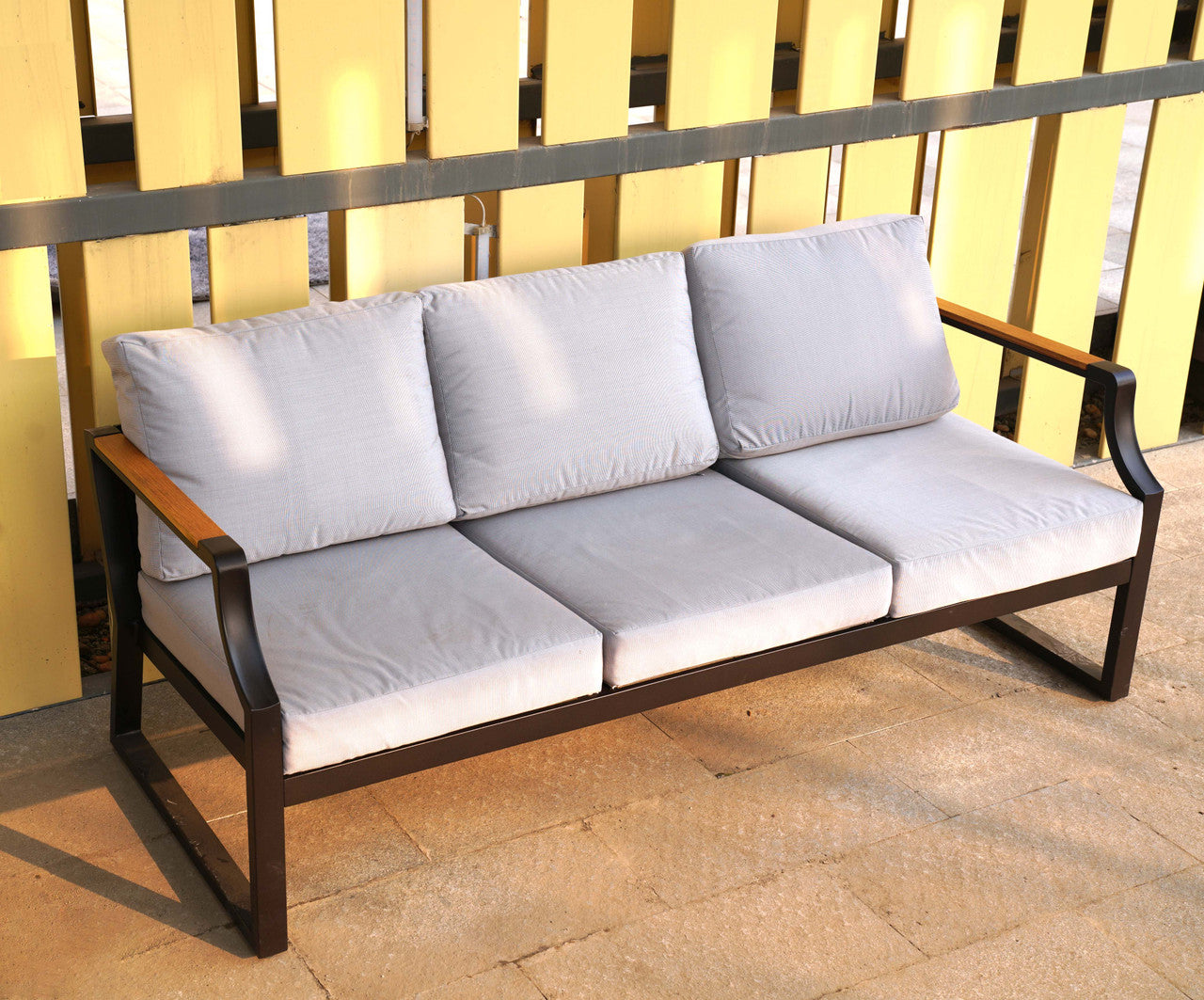 Direct Wicker Outdoor Black Iron Conversational Sofa Set with Gray Cushions and Drink Cooler