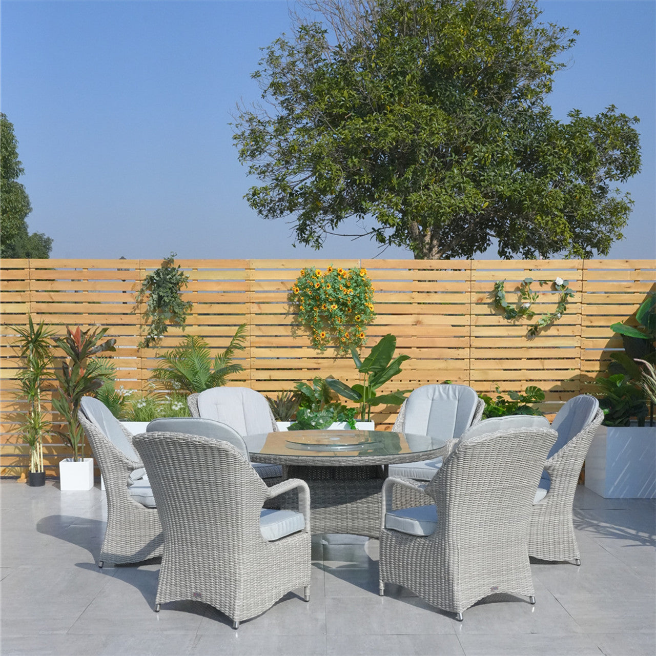 Direct Wicker Patio Wicker Dining Set with Round Table and Semi-circular Rattan Chairs