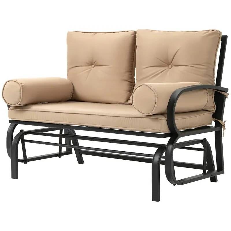 Fast Furnishings Outdoor Garden Patio Rocking Glider Chair Loveseat with Tan Khaki Cushions