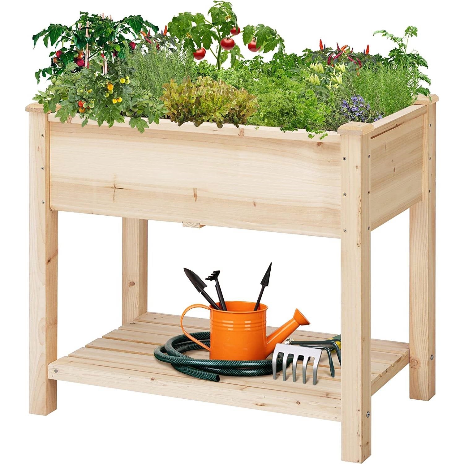 Fast Furnishings Solid Wood 2-Tier Raised Garden Bed Planter Bed with Bottom Storage Shelf