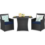 Fast Furnishings 3-Piece Patio Furniture Outdoor Dining Set Brown PE Rattan Navy Blue Cushions