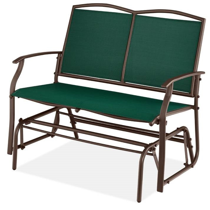 Fast Furnishings 2 Seat Mesh Patio Loveseat Swing Glider Rocker with Armrests in Hunter Green