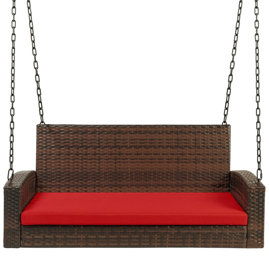 Fast Furnishings Brown Wicker Hanging Patio Porch Swing Bench w/ Mounting Chains and Red Seat Cushion