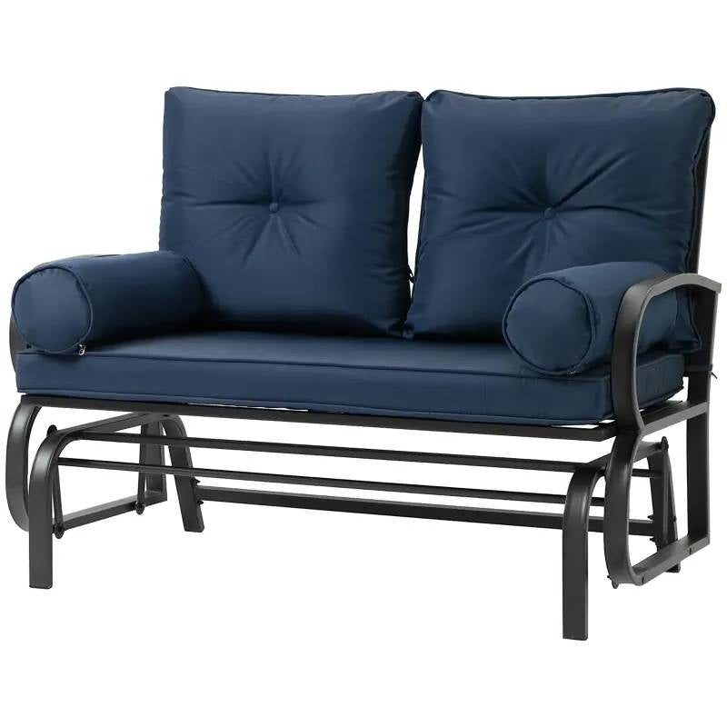 Fast Furnishings Outdoor Garden Patio Rocking Glider Chair Loveseat with Navy Blue Cushions