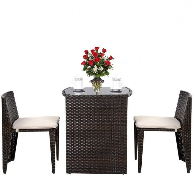 Fast Furnishings 3 Piece Compact Espresso/White Wicker Patio Cushioned Outdoor Chair Table Set