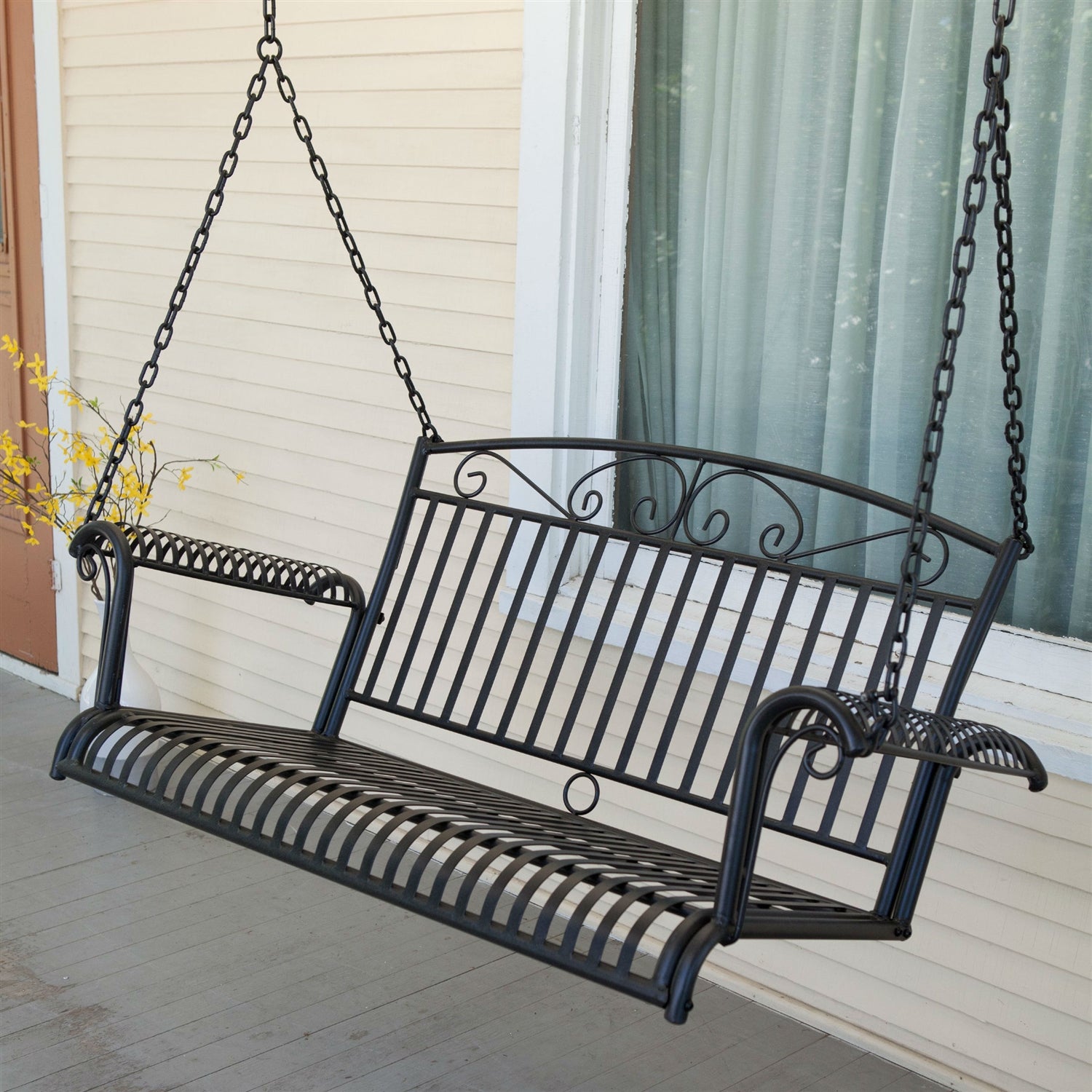 Fast Furnishings Wrought Iron Outdoor Patio 4-Ft Porch Swing in Black