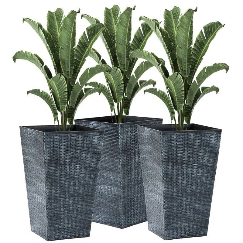 Fast Furnishings Set of 3 - Grey Faux Rattan Plastic Tall Large Flower Pots