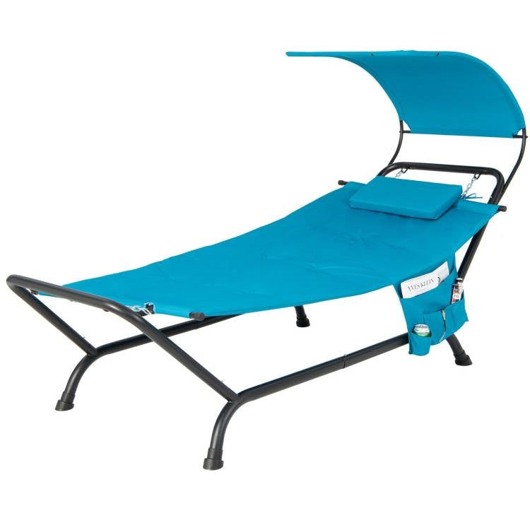 Fast Furnishings Teal Blue Outdoor Hammock Chaise Lounge Chair Cot with Canopy and Storage Bag