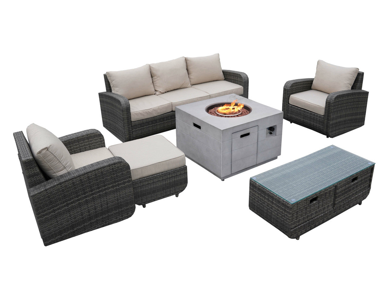 Direct Wicker 6-Piece Gray Wicker Patio Seating Sofa Set with Firepit Table