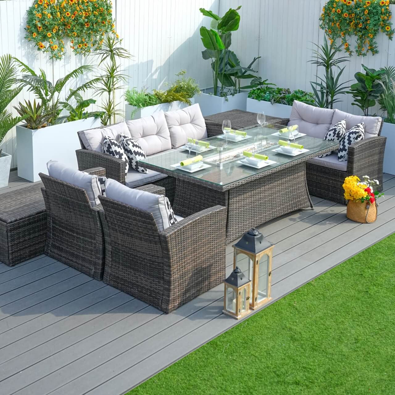 Direct Wicker Patio Perfection with Rectangular Fire Pit Glass Tabletop Furniture Set PAG-1506R