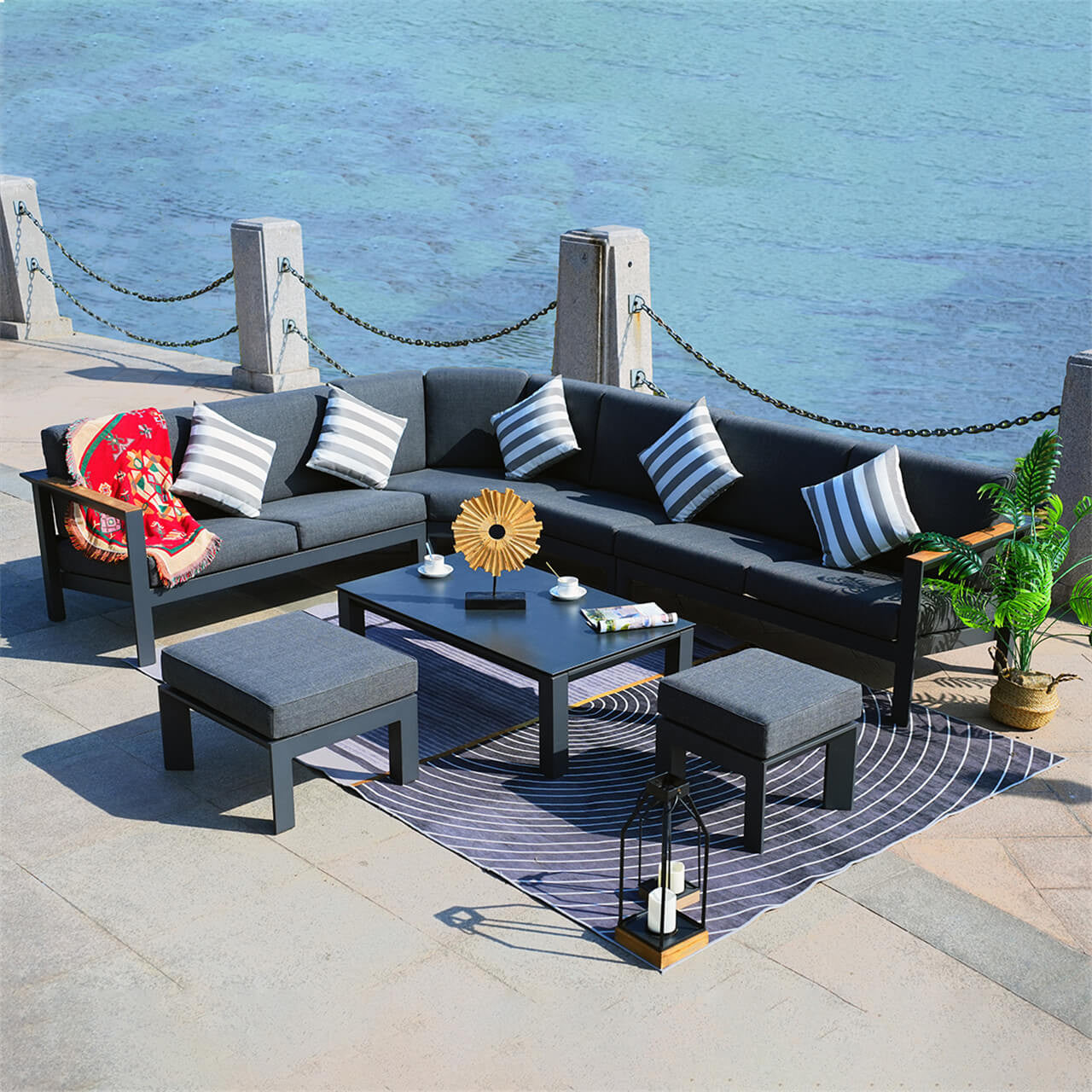 7-Piece Aluminum Patio Seating Sofa Set with Dark Gray Cushion and Teak Armrest