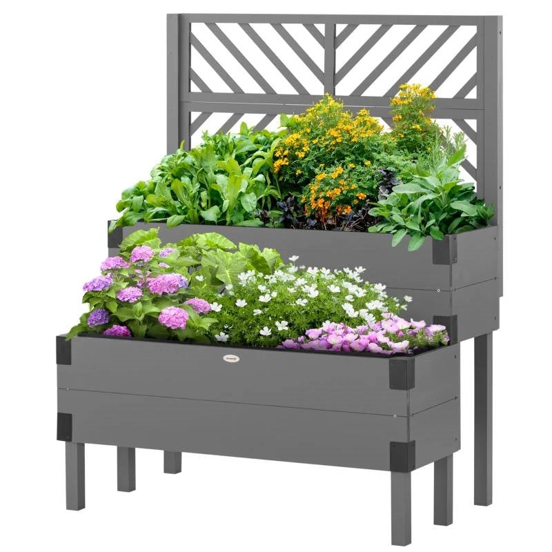 Fast Furnishings 2 Tier Self Draining Grey Wood Raised Garden Bed Planter Box with Trellis