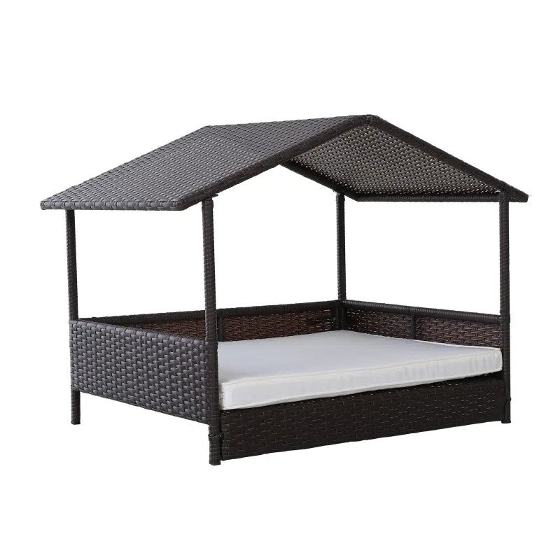 Fast Furnishings Espresso Wicker Weather Resistant Raised Dog Bed House with 2 in Thick Cushion