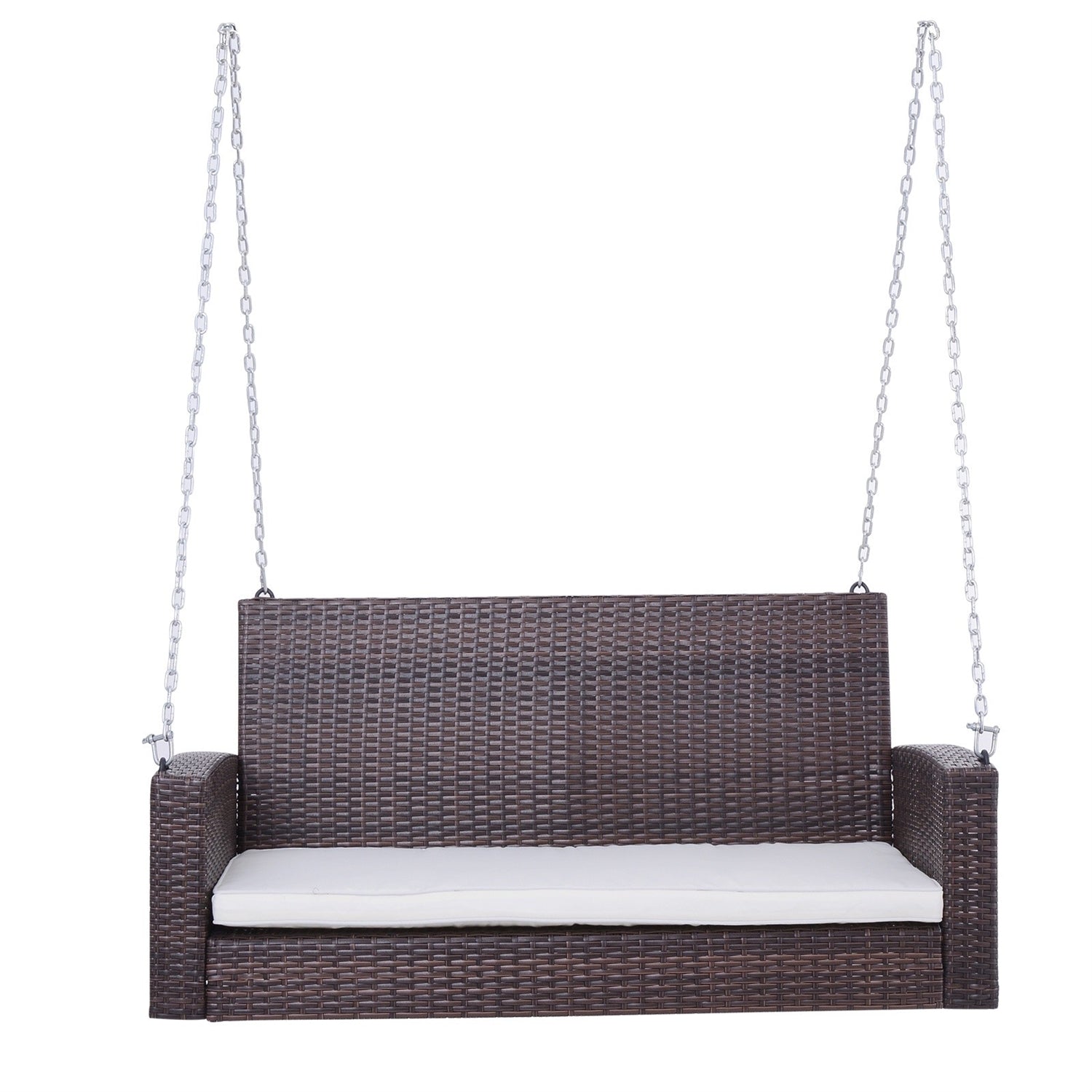 Fast Furnishings Espresso Wicker Porch Swing 7ft Hanging Chain with Cream Padded Cushion