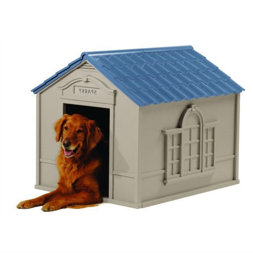 Fast Furnishings Outdoor Dog House in Taupe and Blue Roof Durable Resin - For Dogs up to 100 lbs