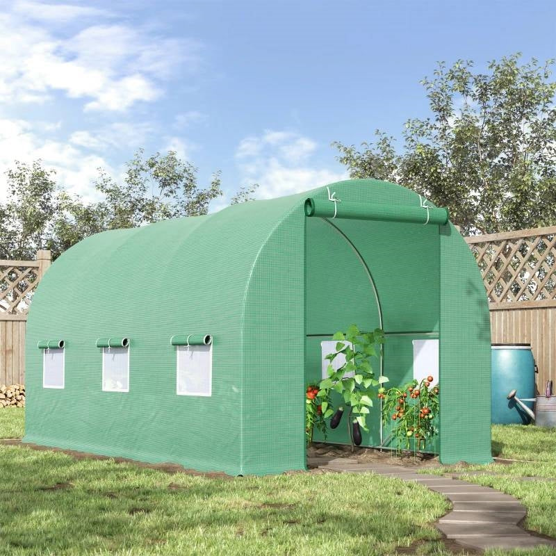 Fast Furnishings 14.5 ft x 6.3 ft Outdoor Greenhouse with Green PE Cover and Sturdy Steel Frame