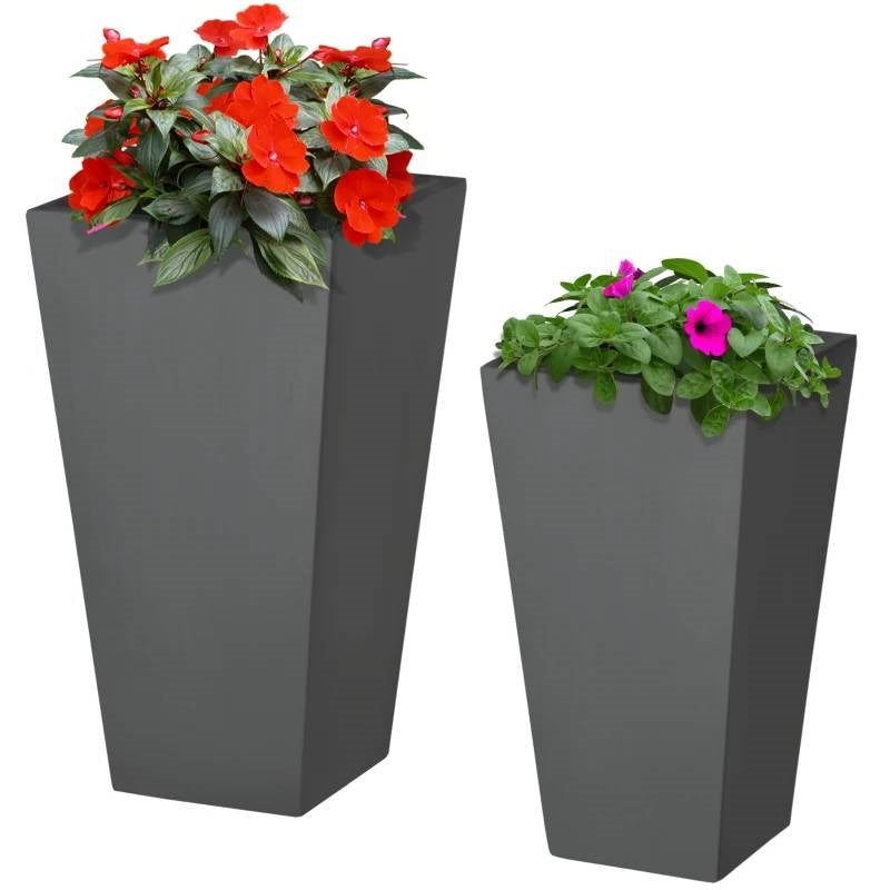 Fast Furnishings Set of 2 Modern Lightweight Outdoor Flower Pot Planters in Grey 22-in and 18-in