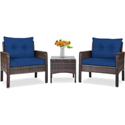 Fast Furnishings 3-Piece Brown PE Rattan Outdoor Dining Patio Furniture Set with Blue Cushions