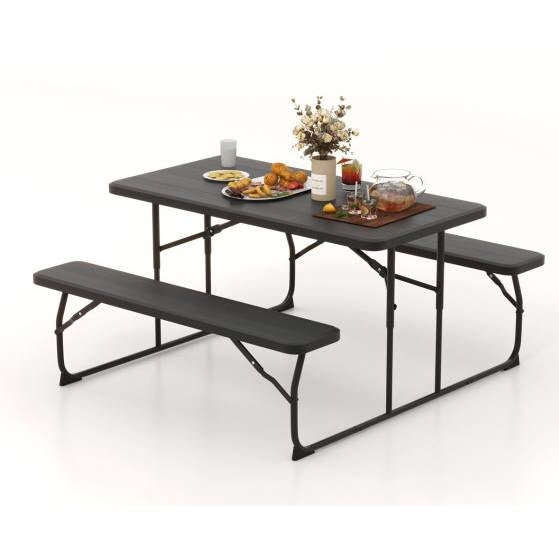 Fast Furnishings Folding Picnic Table with 2 Benches Outdoor Patio Dining Set in Black