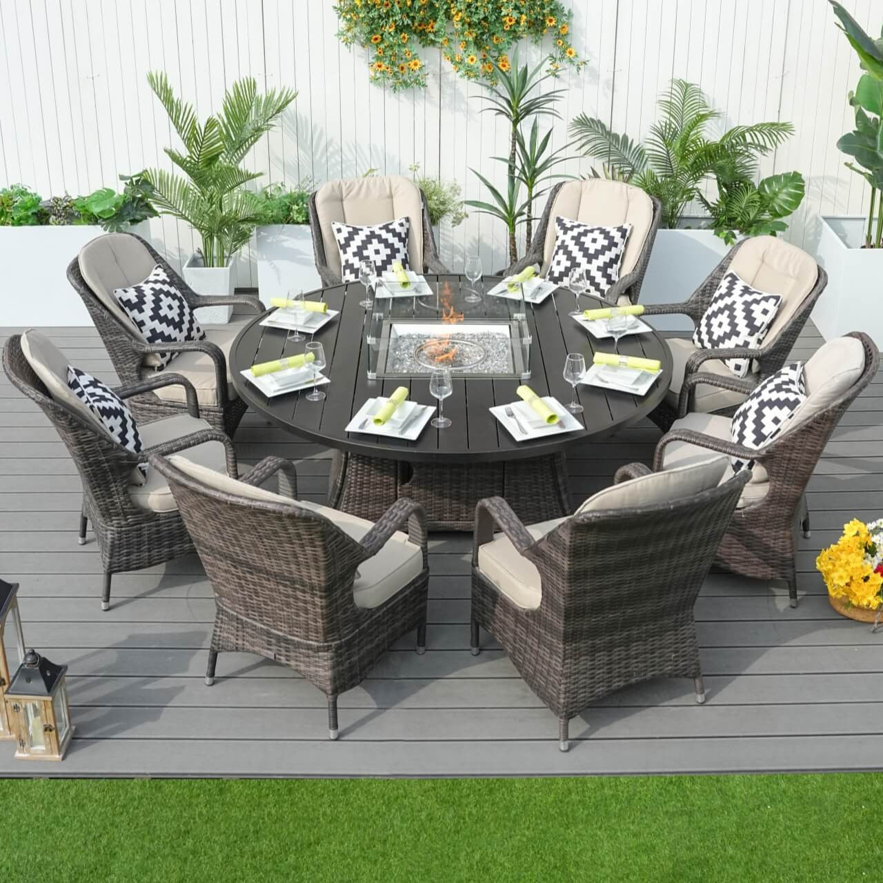 Direct Wicker's 8 Seats Round Fire Pit Set with Aluminium Tabletop & Rattan Chairs PAG-1108A