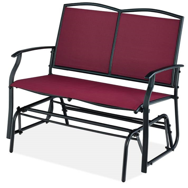 Fast Furnishings 2 Seat Mesh Patio Loveseat Swing Glider Rocker with Armrests in Burgundy Red