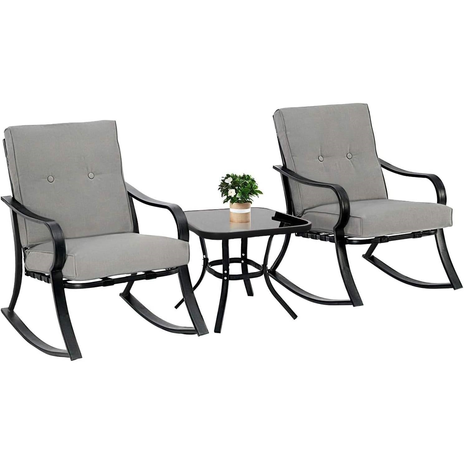 Fast Furnishings Outdoor 3-Piece Patio Furniture Table Rocking Chairs Set with Grey Cushions