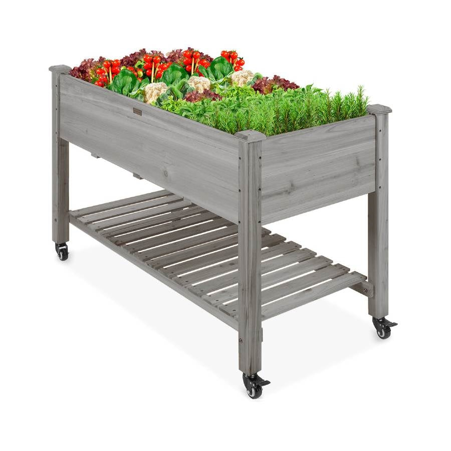 Fast Furnishings Outdoor Grey Wood Raised Garden Bed Planter Box with Shelf and Locking Wheels