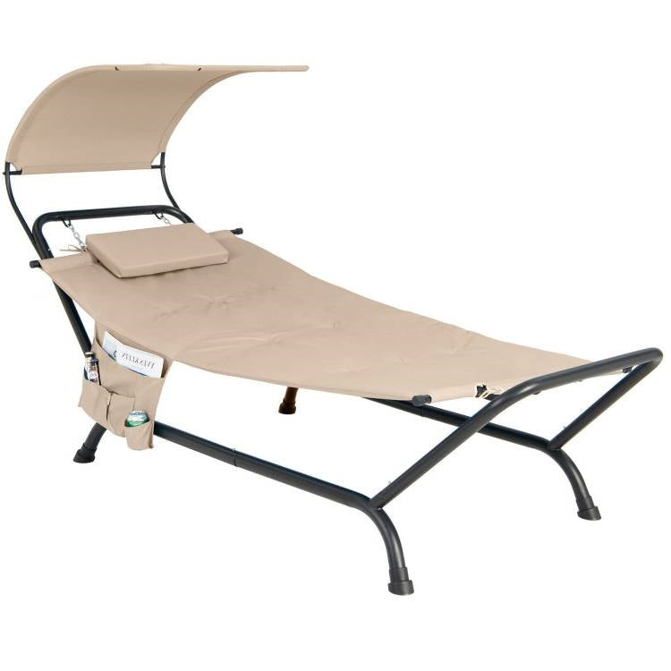 Fast Furnishings Outdoor Tan Hammock Style Chaise Lounge Chair Cot with Canopy and Storage Bag